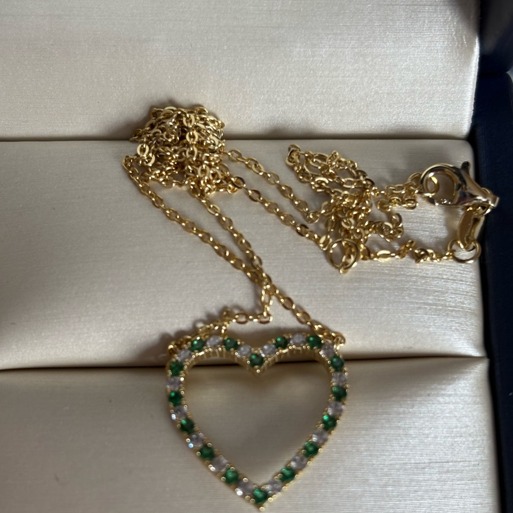Gold Heart Pendant Necklace with Green Accents